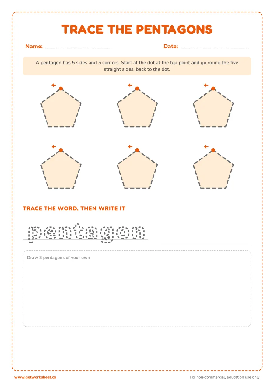 Trace the pentagons and write the word – free printable PDF worksheet, page 1 preview (13 free shape tracing worksheets)