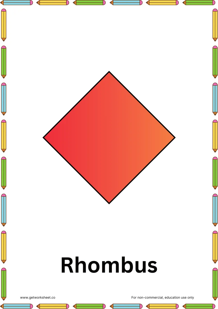 Rhombus flashcard Rhombus flashcard – free printable PDF worksheet, page 1 preview (Free shapes flashcards)