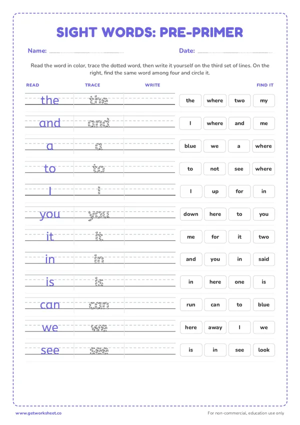 Free sight words worksheets (Dolch and Fry) – free printable worksheets preview