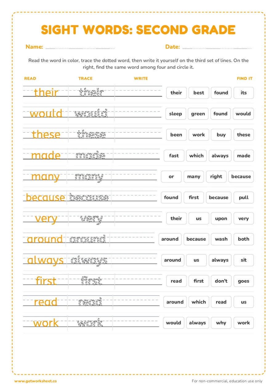 Dolch second grade: trace, write, find (12 words) – free printable PDF worksheet, page 1 preview (8 free sight words worksheets (Dolch and Fry))