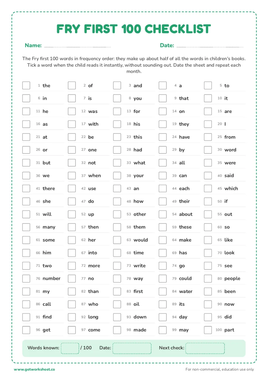 Fry first 100 words checklist – free printable PDF worksheet, page 1 preview (8 free sight words worksheets (Dolch and Fry))