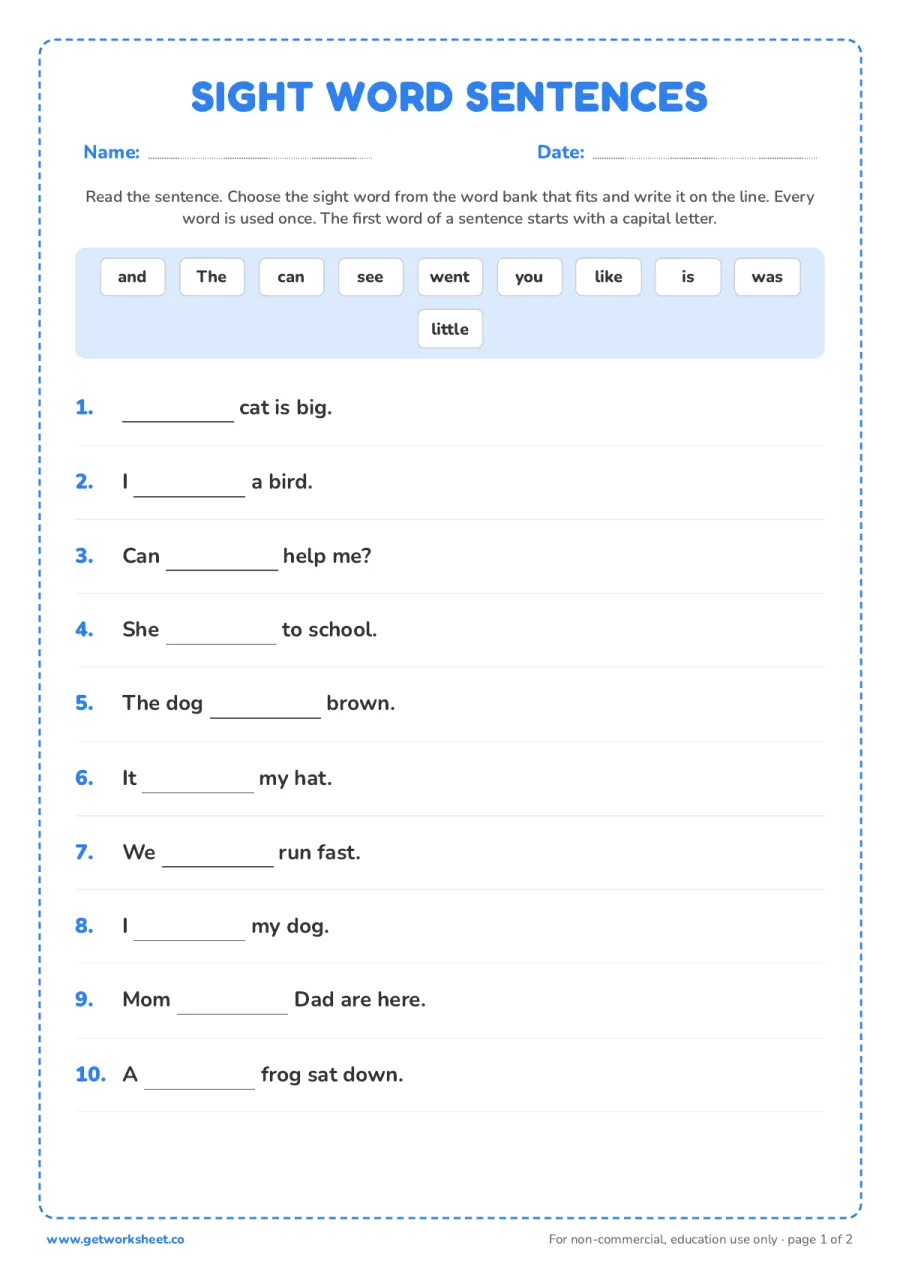 Sight word sentences: fill in the blank – free printable PDF worksheet, page 1 preview (8 free sight words worksheets (Dolch and Fry))