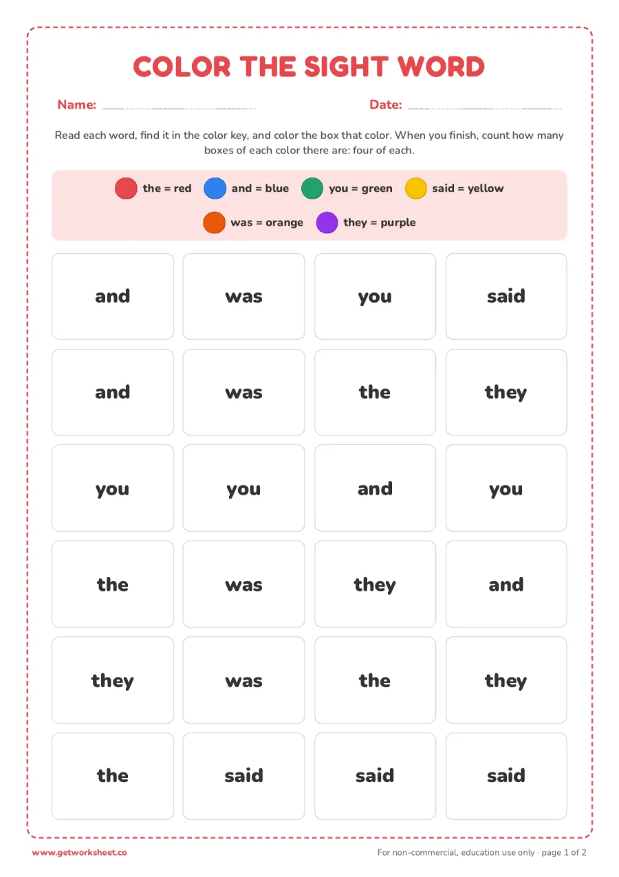 Color the sight word – free printable PDF worksheet, page 1 preview (8 free sight words worksheets (Dolch and Fry))