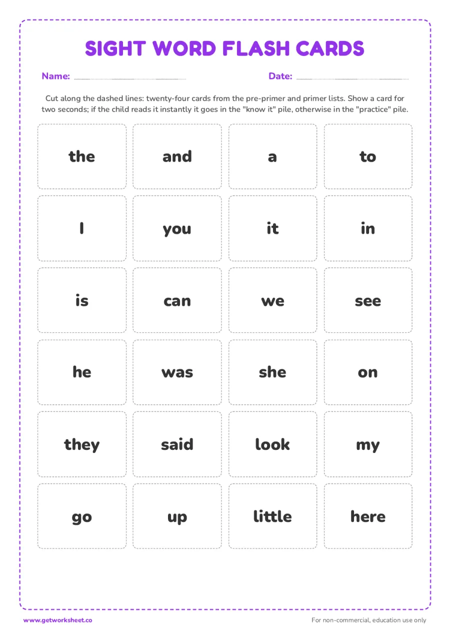 Sight word flash cards: 24 words – free printable PDF worksheet, page 1 preview (8 free sight words worksheets (Dolch and Fry))