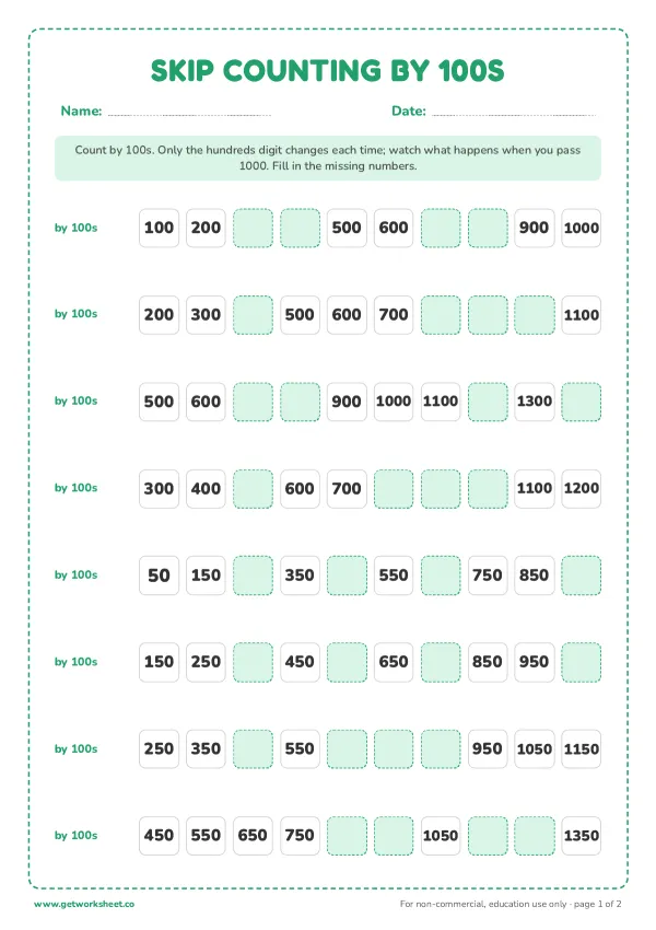 Skip counting by 100s worksheet, page 1 preview