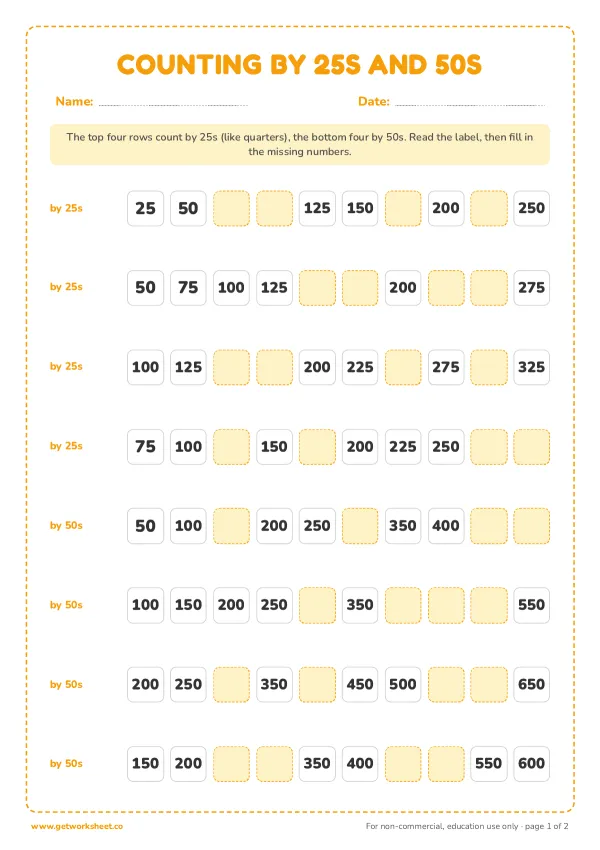 Skip counting by 25s and 50s worksheet, page 1 preview