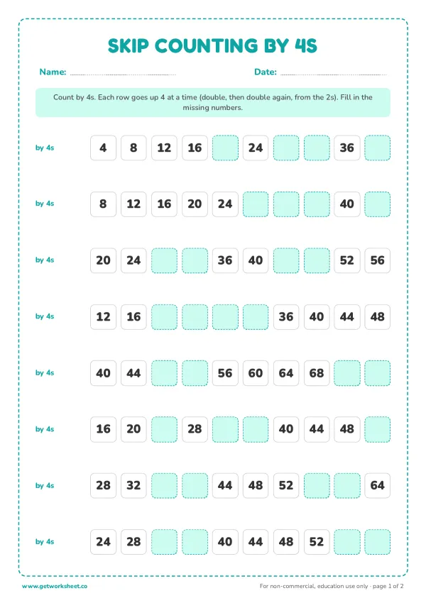 Skip counting by 4s worksheet, page 1 preview