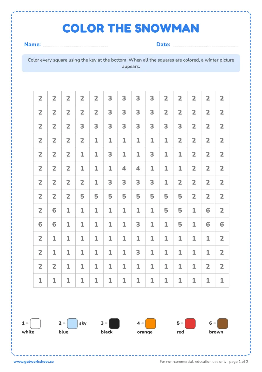 Snowman color by number – free printable PDF worksheet, page 1 preview (6 free snowman worksheets)