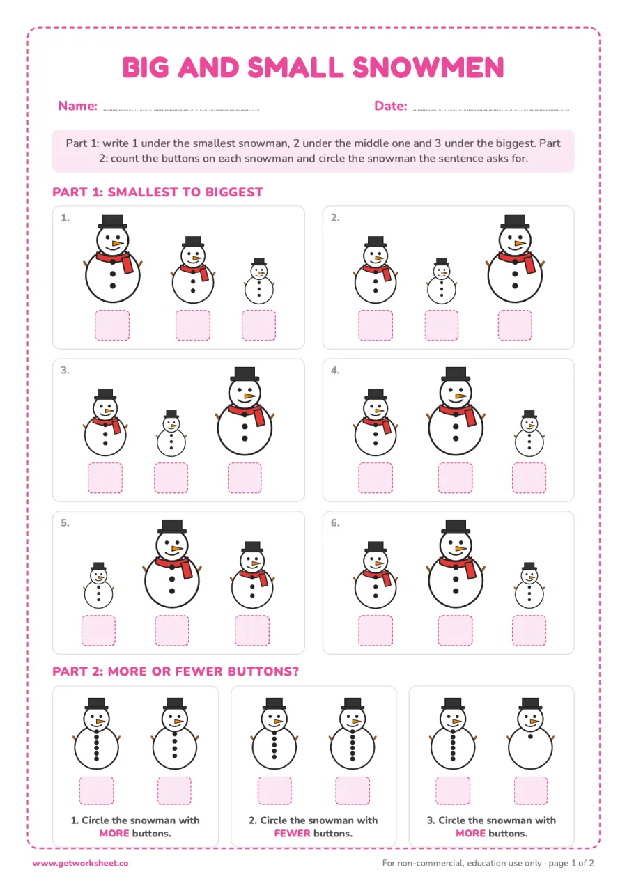 Snowman size order and compare – free printable PDF worksheet, page 1 preview (6 free snowman worksheets)