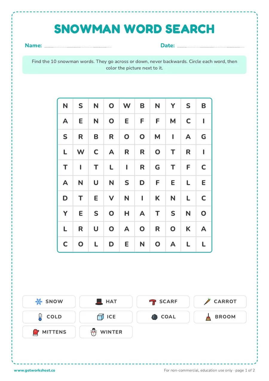 Snowman word search – free printable PDF worksheet, page 1 preview (6 free snowman worksheets)