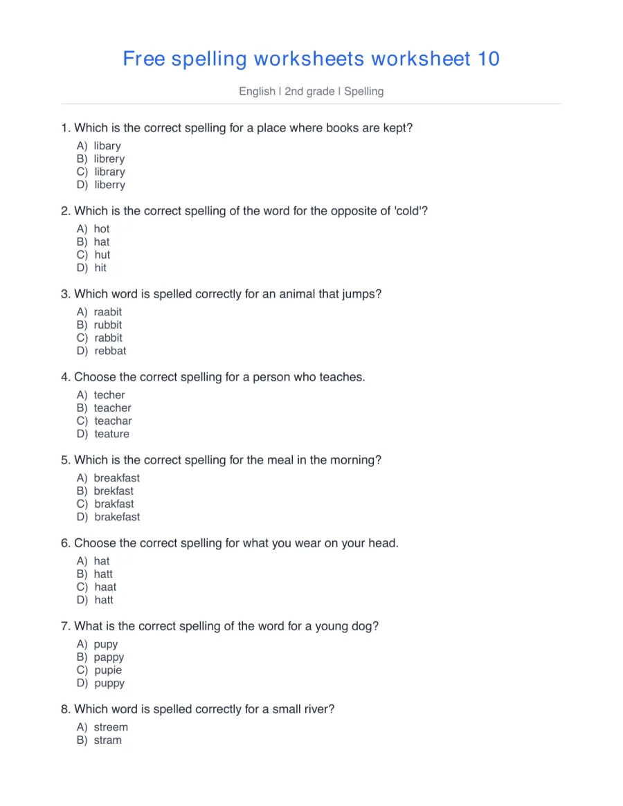 Spelling quiz: library, hot, rabbit, teacher, breakfast – free printable PDF worksheet, page 1 preview (Free spelling worksheets)