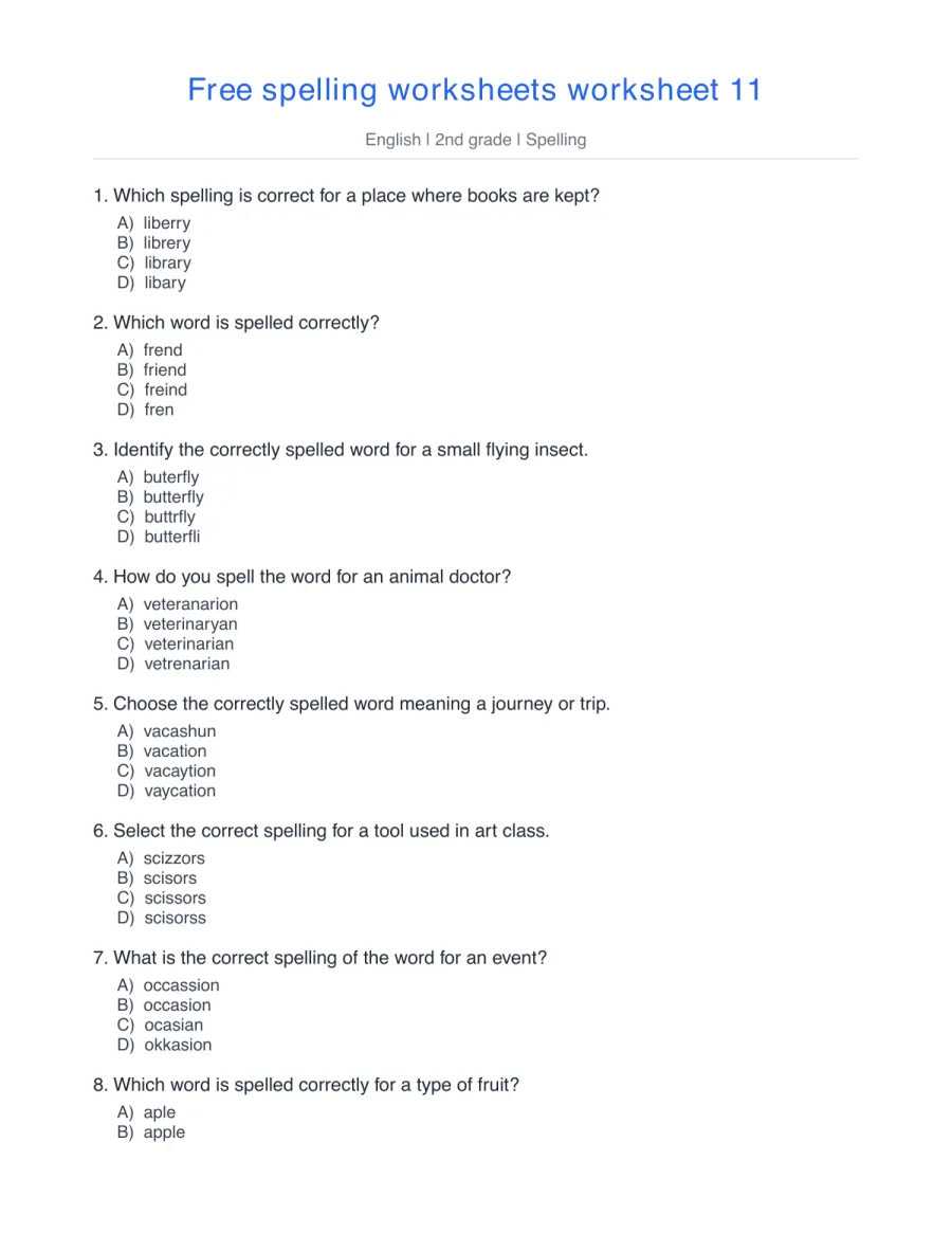 Spelling quiz: library, friend, butterfly, vet, lemon – free printable PDF worksheet, page 1 preview (Free spelling worksheets)