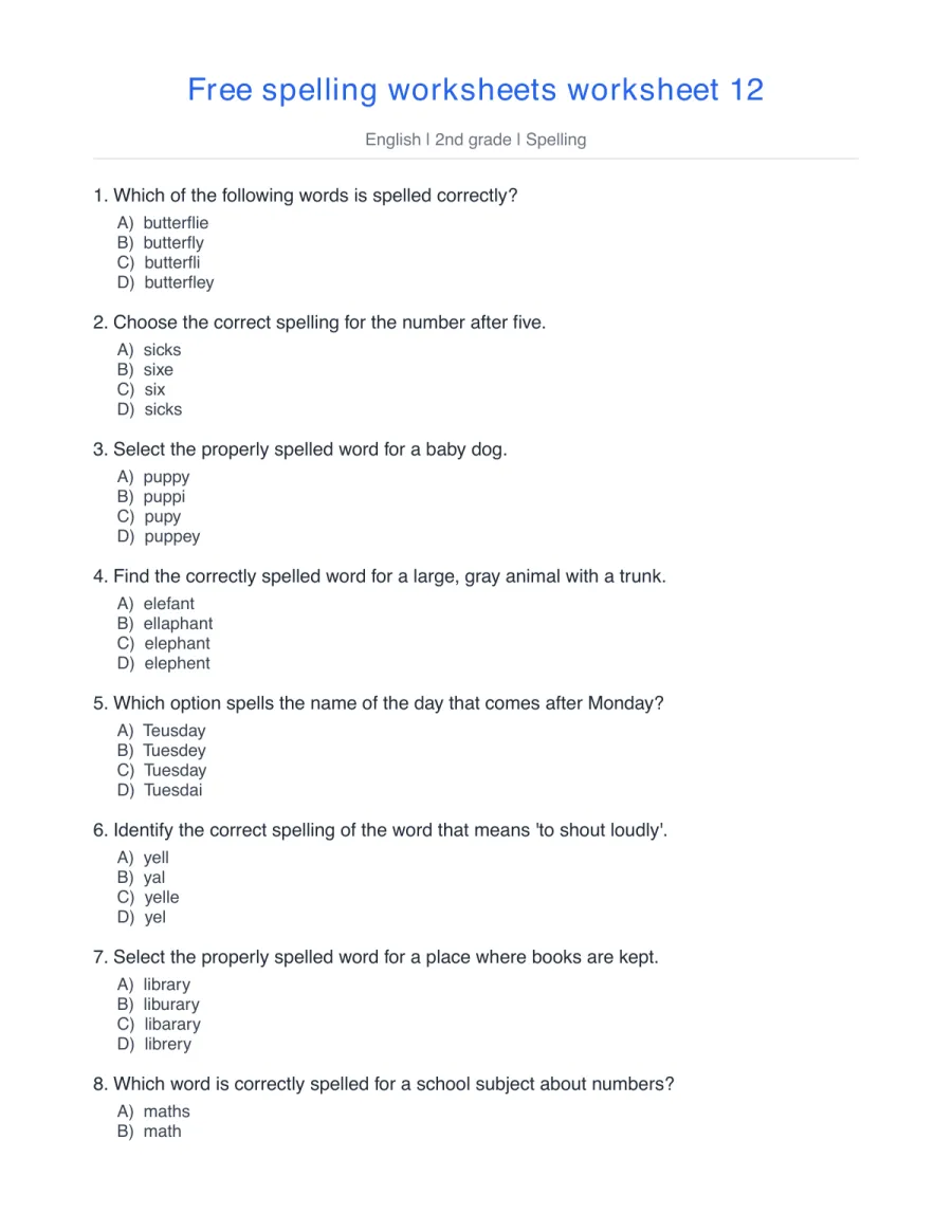 Spelling quiz: butterfly, six, puppy, elephant, Tuesday – free printable PDF worksheet, page 1 preview (Free spelling worksheets)