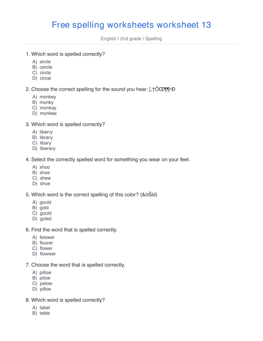 Spelling quiz: circle, monkey, library, shoe, gold – free printable PDF worksheet, page 1 preview (Free spelling worksheets)
