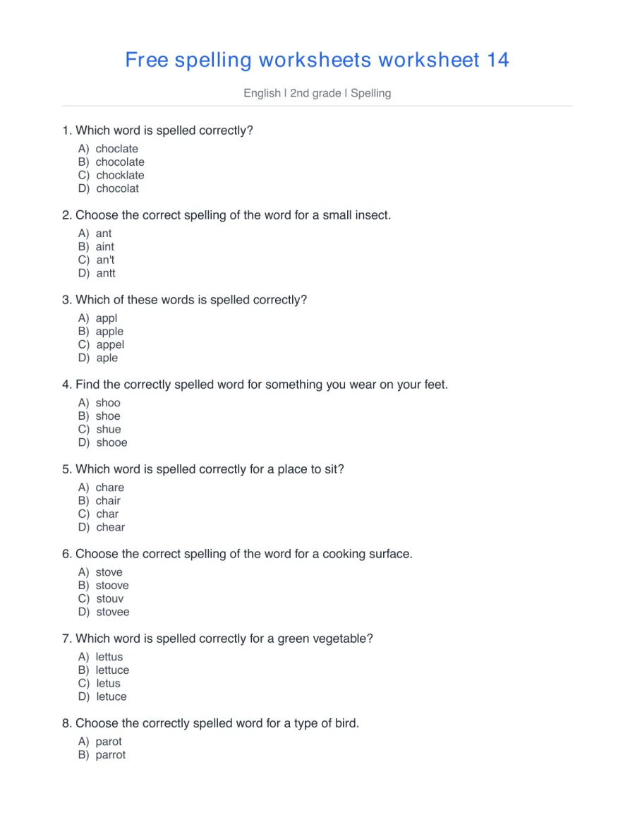 Spelling quiz: chocolate, ant, apple, shoe, chair – free printable PDF worksheet, page 1 preview (Free spelling worksheets)