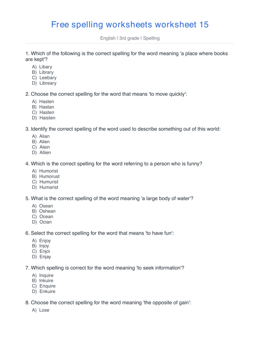 Spelling quiz: library, hasten, alien, humorist, ocean – free printable PDF worksheet, page 1 preview (Free spelling worksheets)