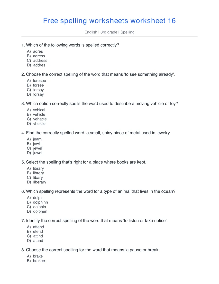 Spelling quiz: address, foresee, vehicle, jewel, dolphin – free printable PDF worksheet, page 1 preview (Free spelling worksheets)