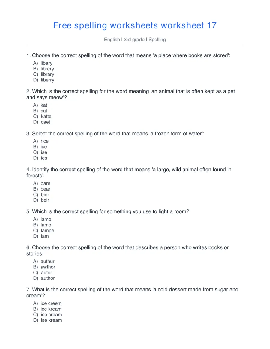 Spelling quiz: library, cat, ice, author, banana – free printable PDF worksheet, page 1 preview (Free spelling worksheets)
