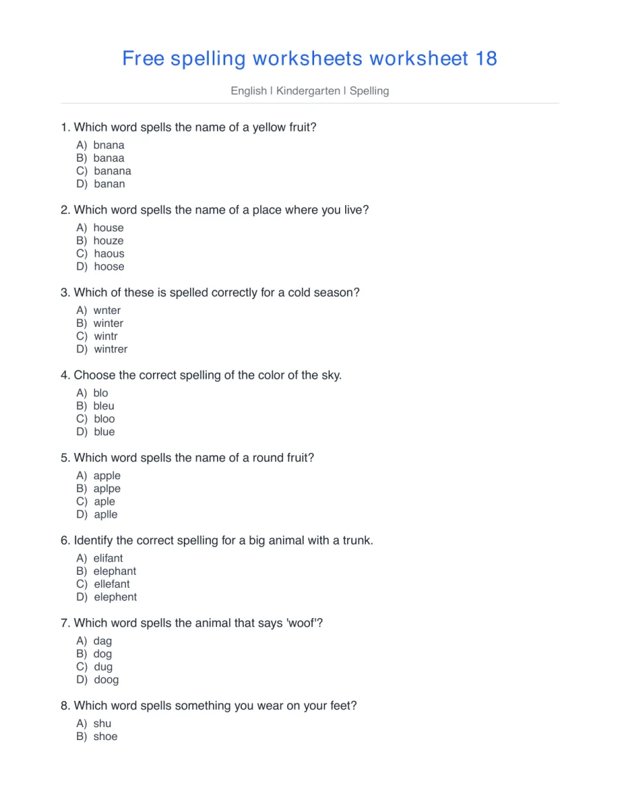 Kindergarten spelling quiz: banana, house, winter, blue – free printable PDF worksheet, page 1 preview (Free spelling worksheets)