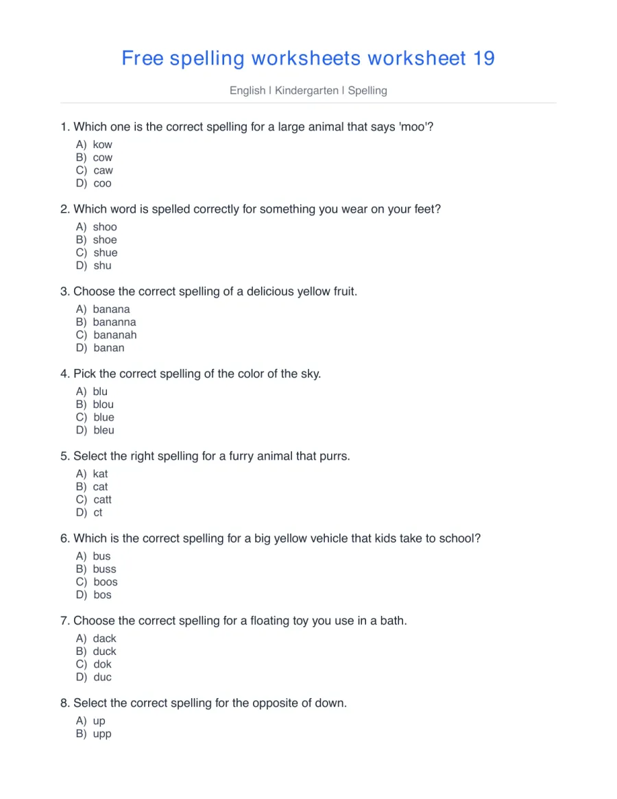 Kindergarten spelling quiz: cow, shoe, banana, blue, bus – free printable PDF worksheet, page 1 preview (Free spelling worksheets)