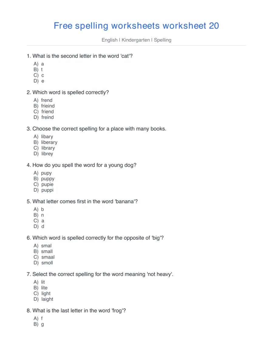 Kindergarten spelling quiz: letters in cat, friend, library – free printable PDF worksheet, page 1 preview (Free spelling worksheets)