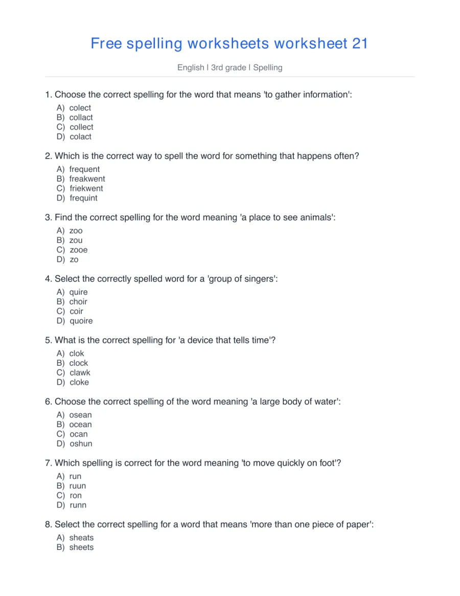 Spelling quiz: collect, frequent, zoo, choir, clock, bridge – free printable PDF worksheet, page 1 preview (Free spelling worksheets)