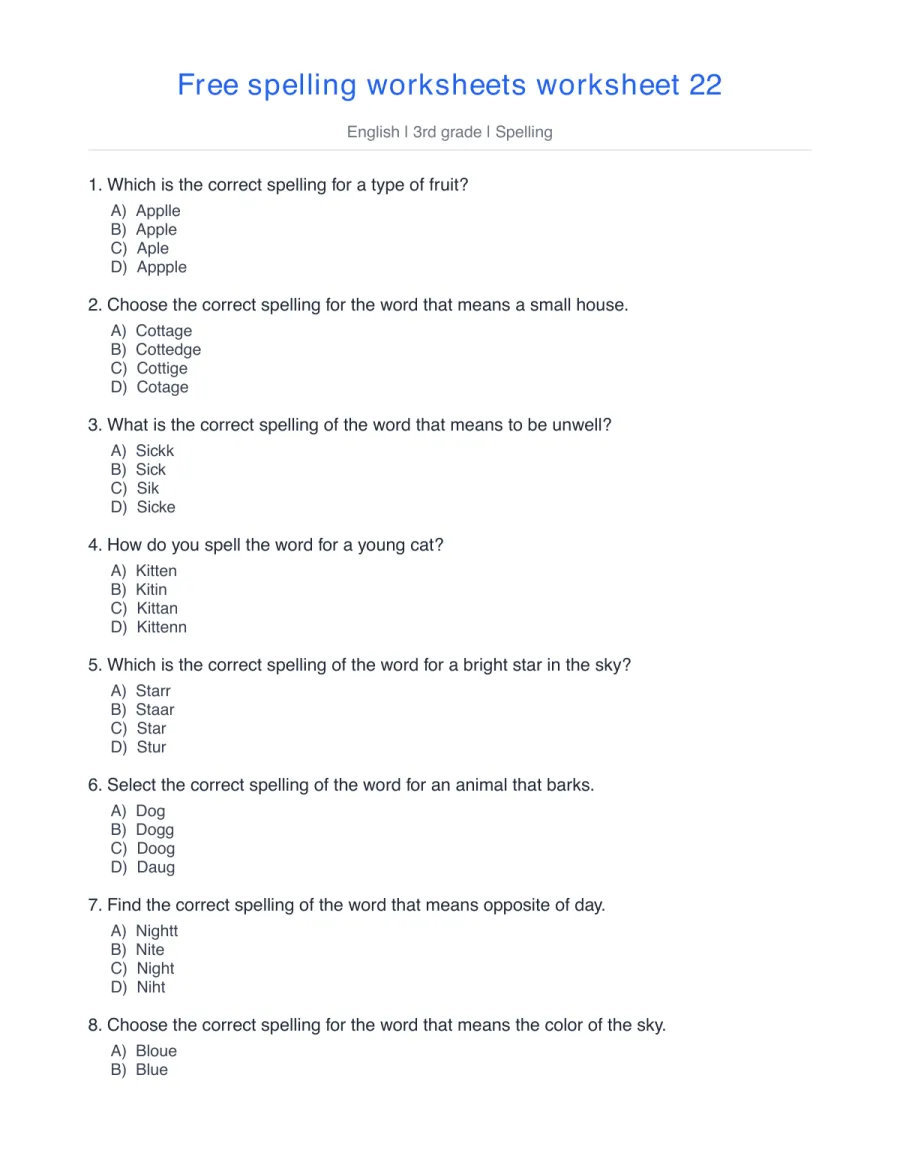 Spelling quiz: apple, cottage, sick, kitten, night, blue – free printable PDF worksheet, page 1 preview (Free spelling worksheets)