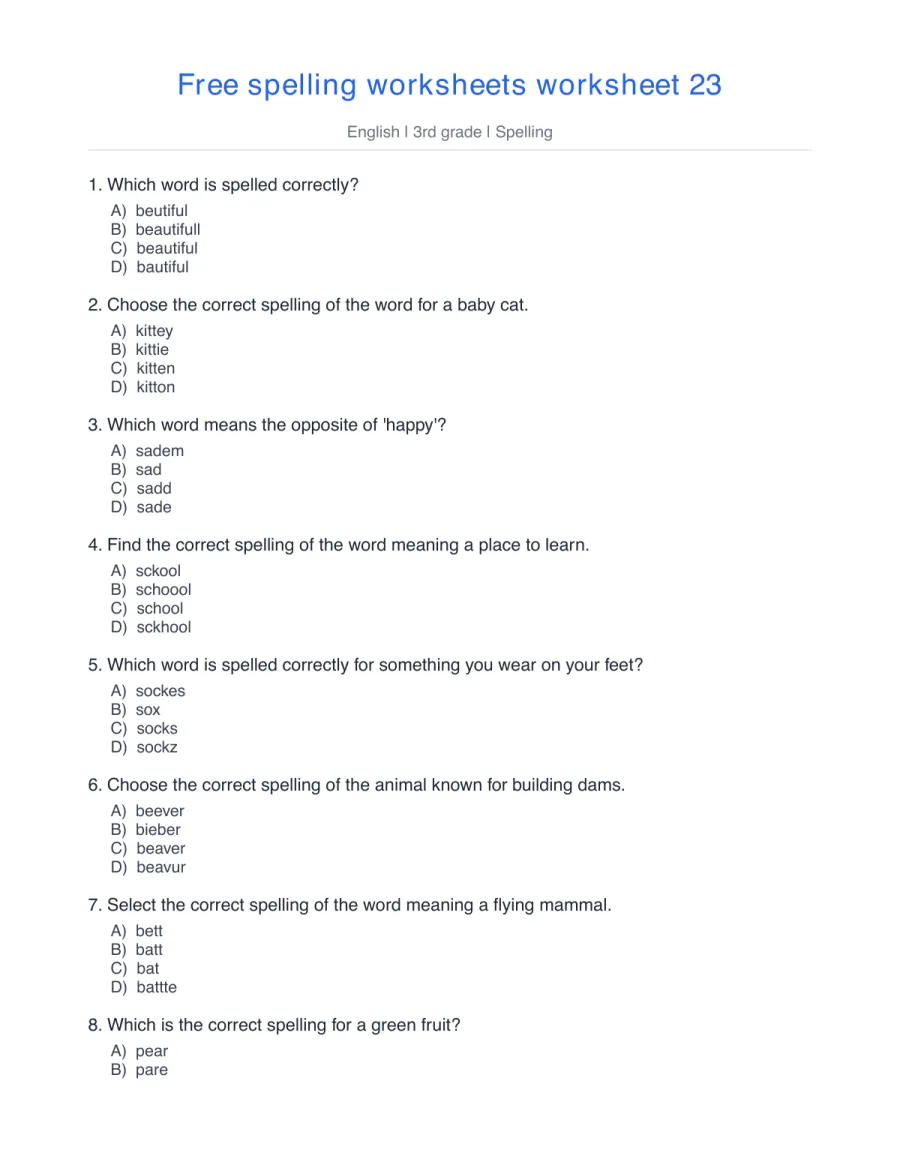 Spelling quiz: beautiful, kitten, sad, school, beaver – free printable PDF worksheet, page 1 preview (Free spelling worksheets)