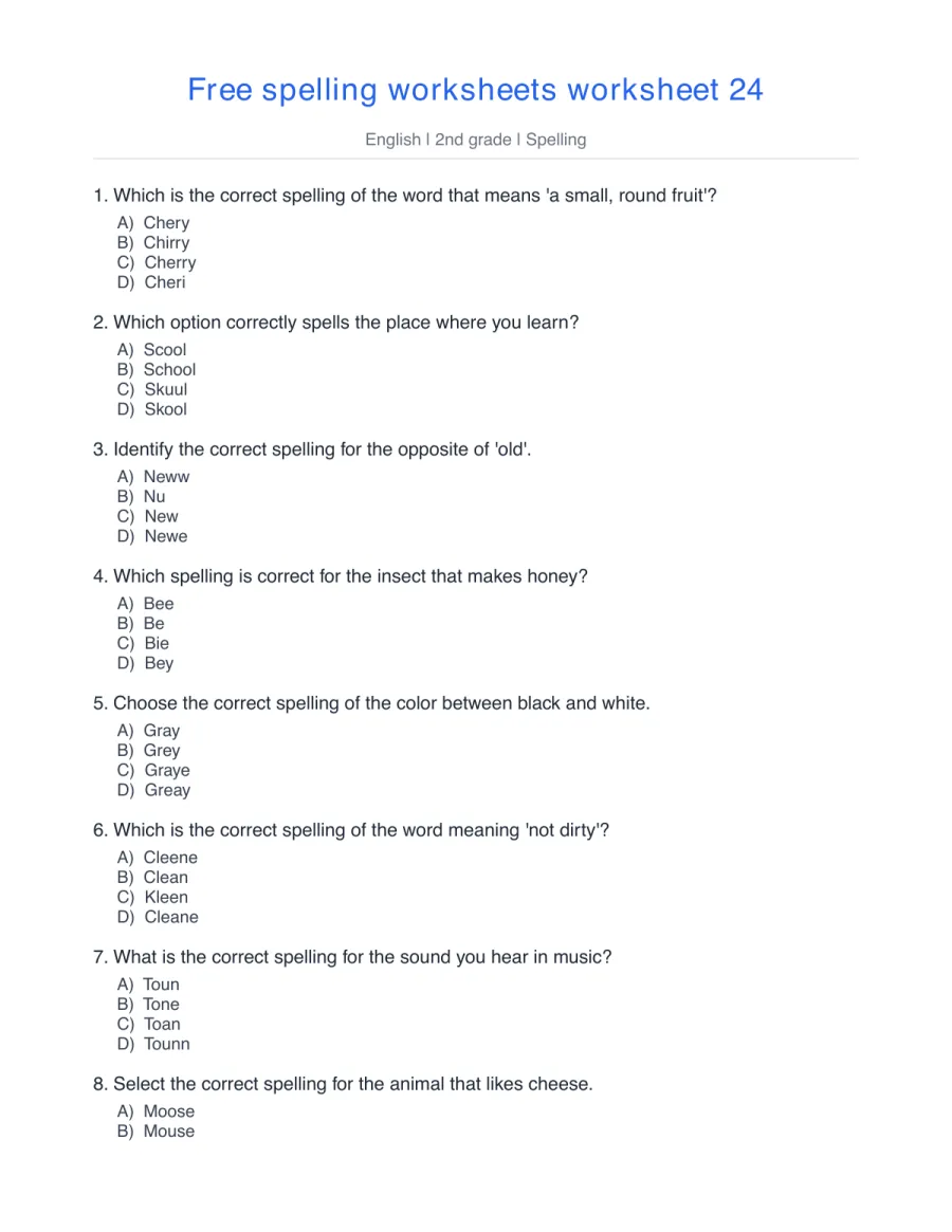 Spelling quiz: cherry, school, new, bee, gray, clean – free printable PDF worksheet, page 1 preview (Free spelling worksheets)