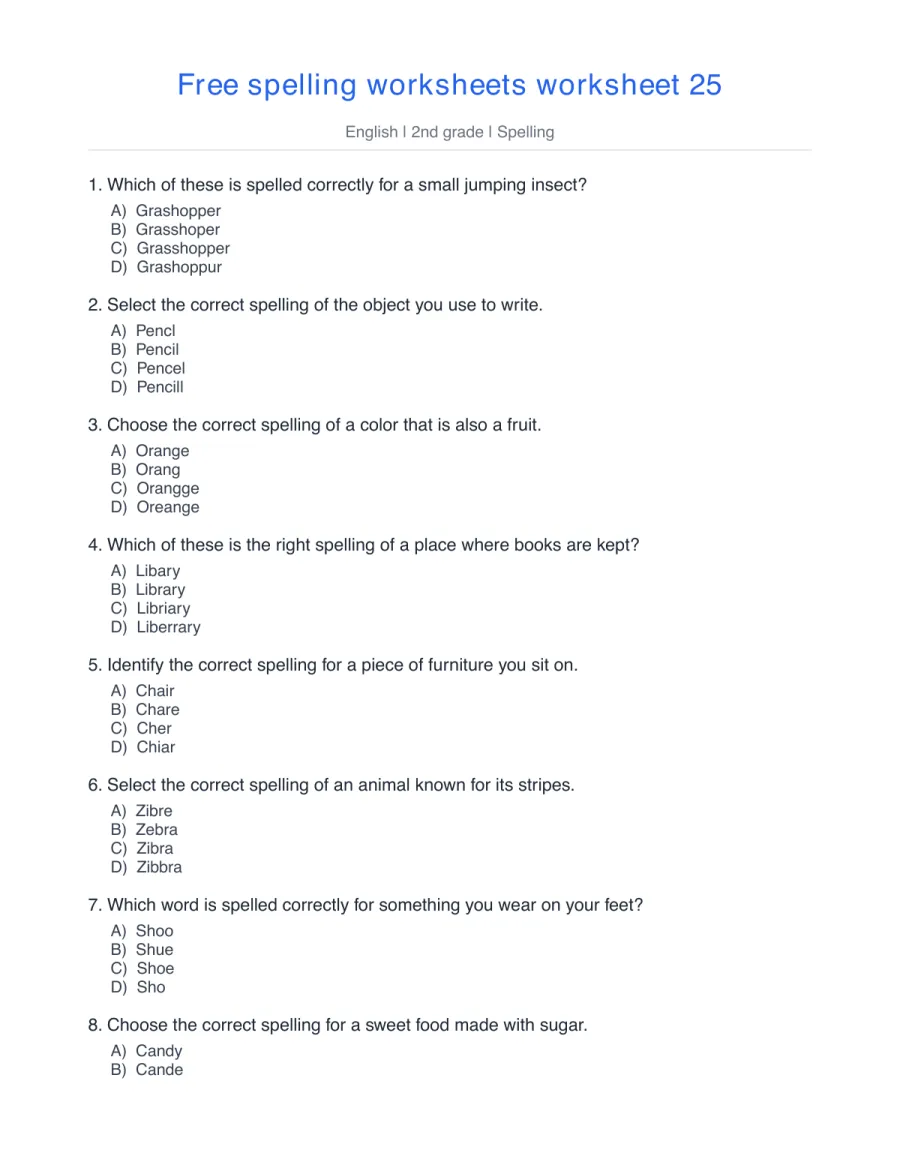 Spelling quiz: grasshopper, pencil, orange, library, zebra – free printable PDF worksheet, page 1 preview (Free spelling worksheets)