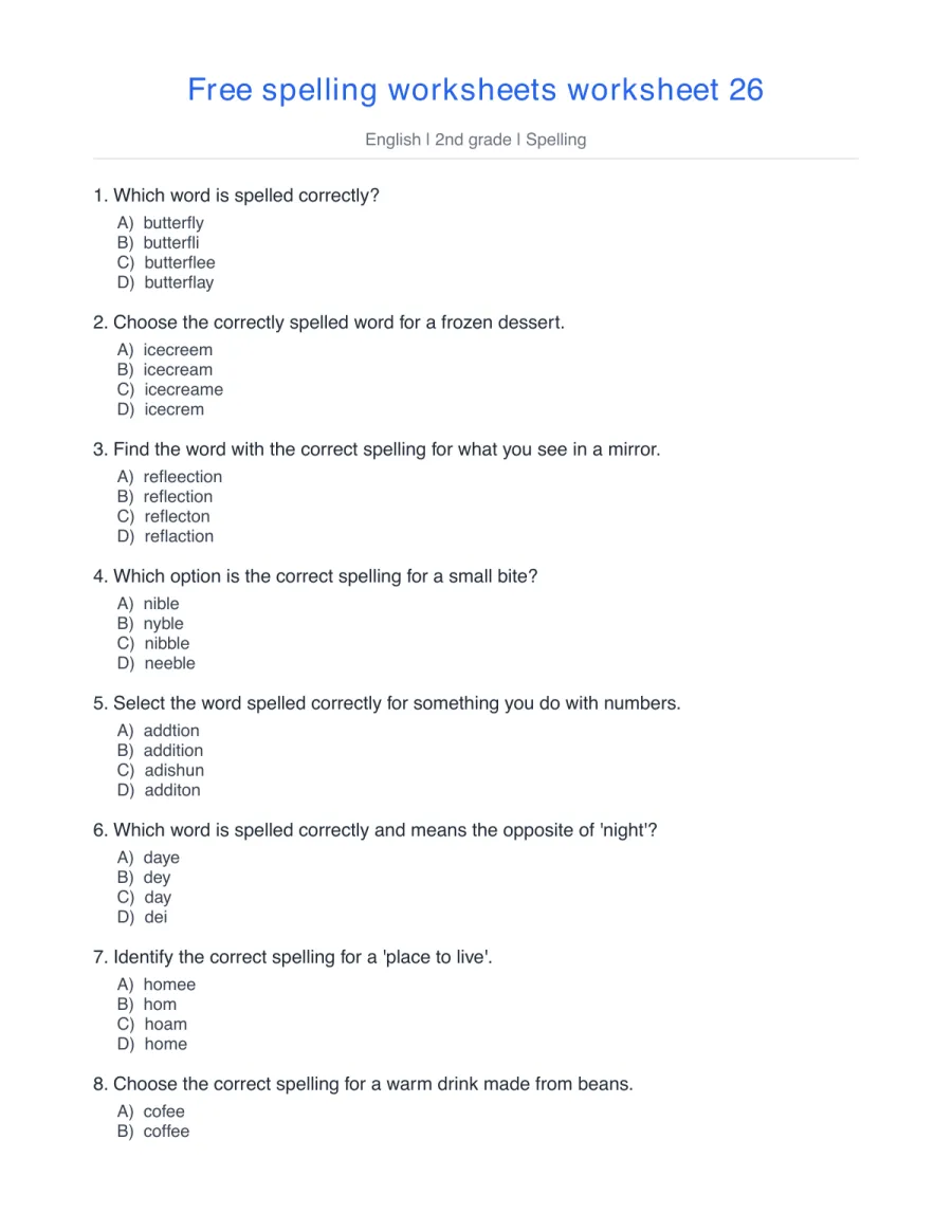Spelling quiz: butterfly, icecream, reflection, nibble – free printable PDF worksheet, page 1 preview (Free spelling worksheets)