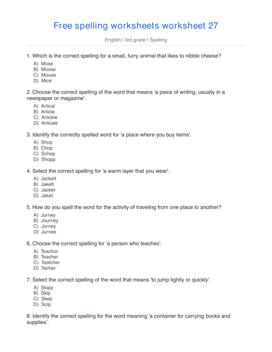 Spelling quiz: mouse, article, shop, teacher, hop, swim – free printable PDF worksheet, page 1 preview (Free spelling worksheets)