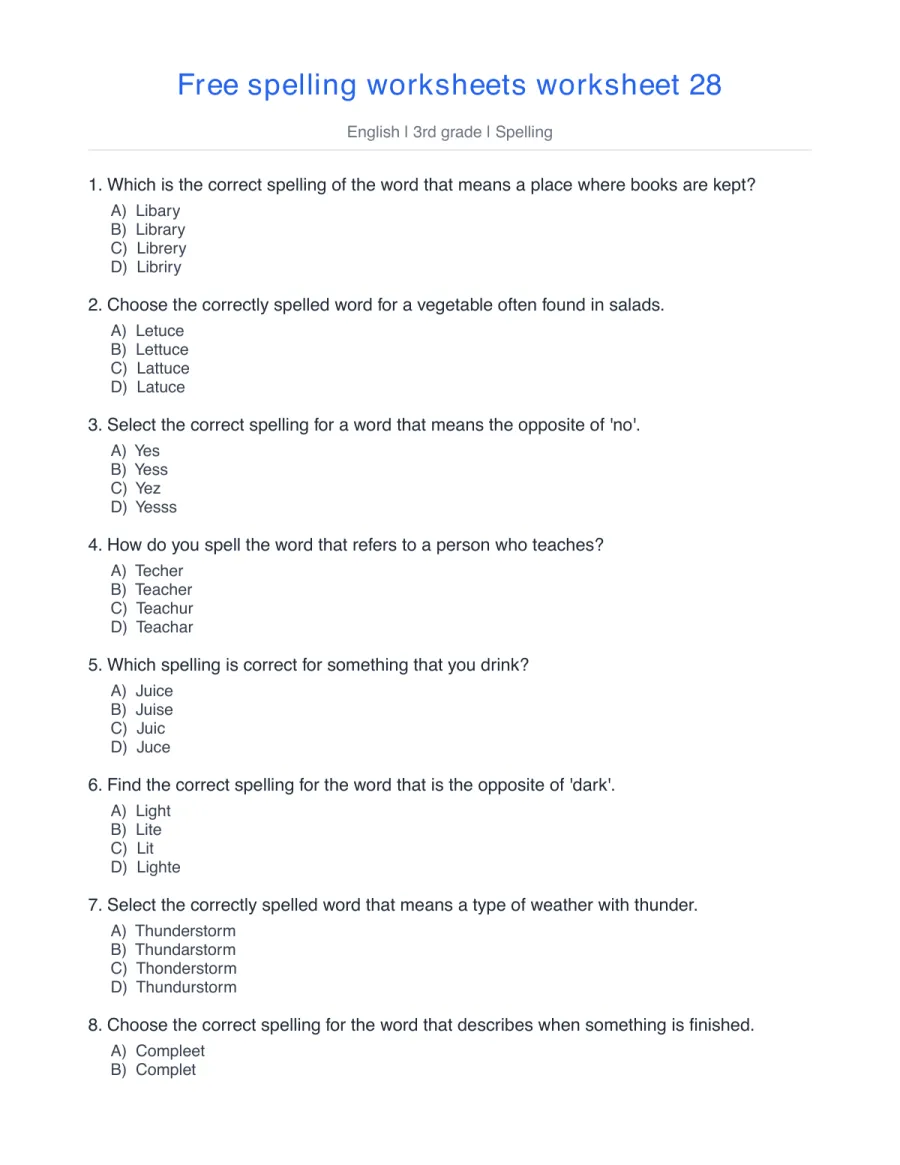 Spelling quiz: library, lettuce, yes, teacher, ocean – free printable PDF worksheet, page 1 preview (Free spelling worksheets)