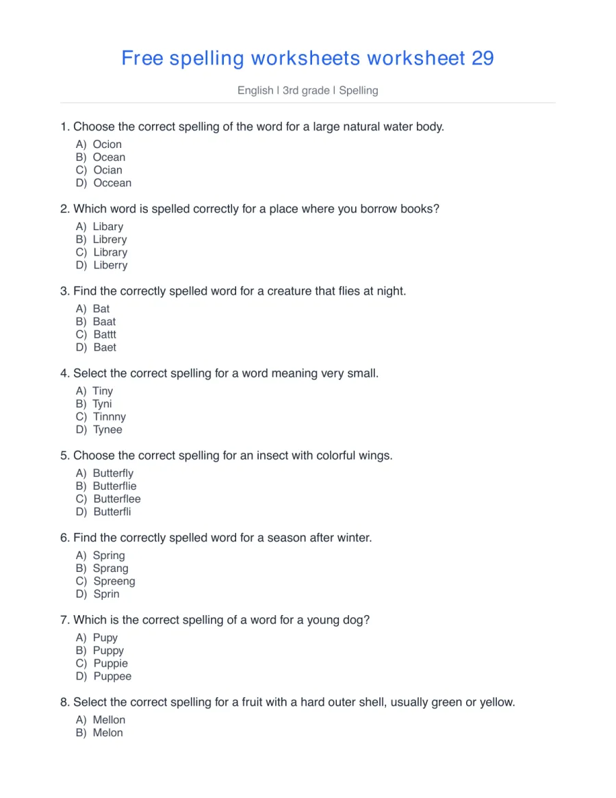 Spelling quiz: ocean, library, bat, tiny, butterfly, spring – free printable PDF worksheet, page 1 preview (Free spelling worksheets)