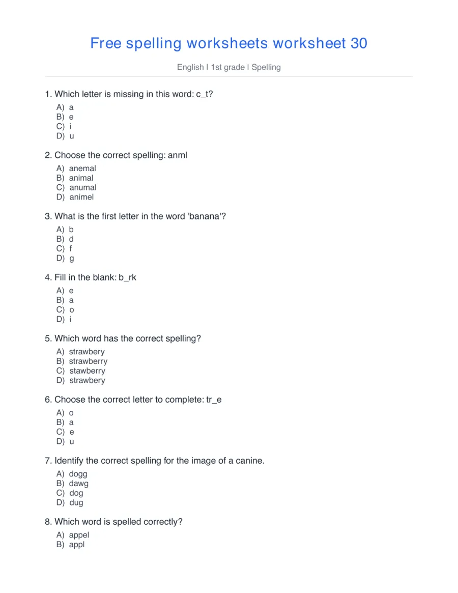 1st grade spelling: missing letters in c_t, b_rk, tr_e, _at – free printable PDF worksheet, page 1 preview (Free spelling worksheets)