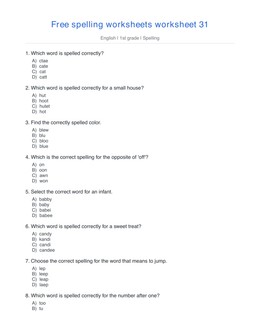 1st grade spelling quiz: cat, hut, blue, on, baby, two – free printable PDF worksheet, page 1 preview (Free spelling worksheets)