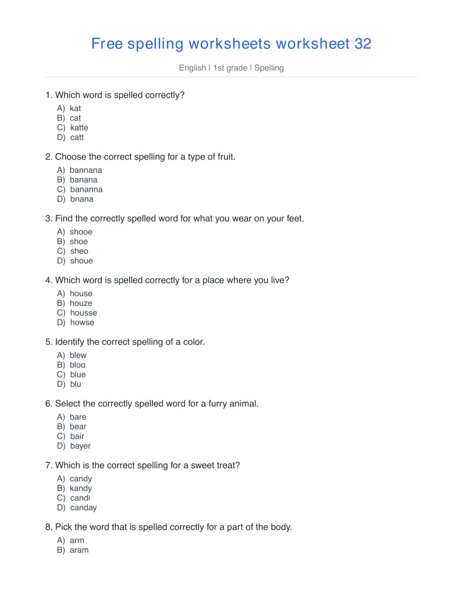 1st grade spelling quiz: cat, banana, shoe, home, colors – free printable PDF worksheet, page 1 preview (Free spelling worksheets)