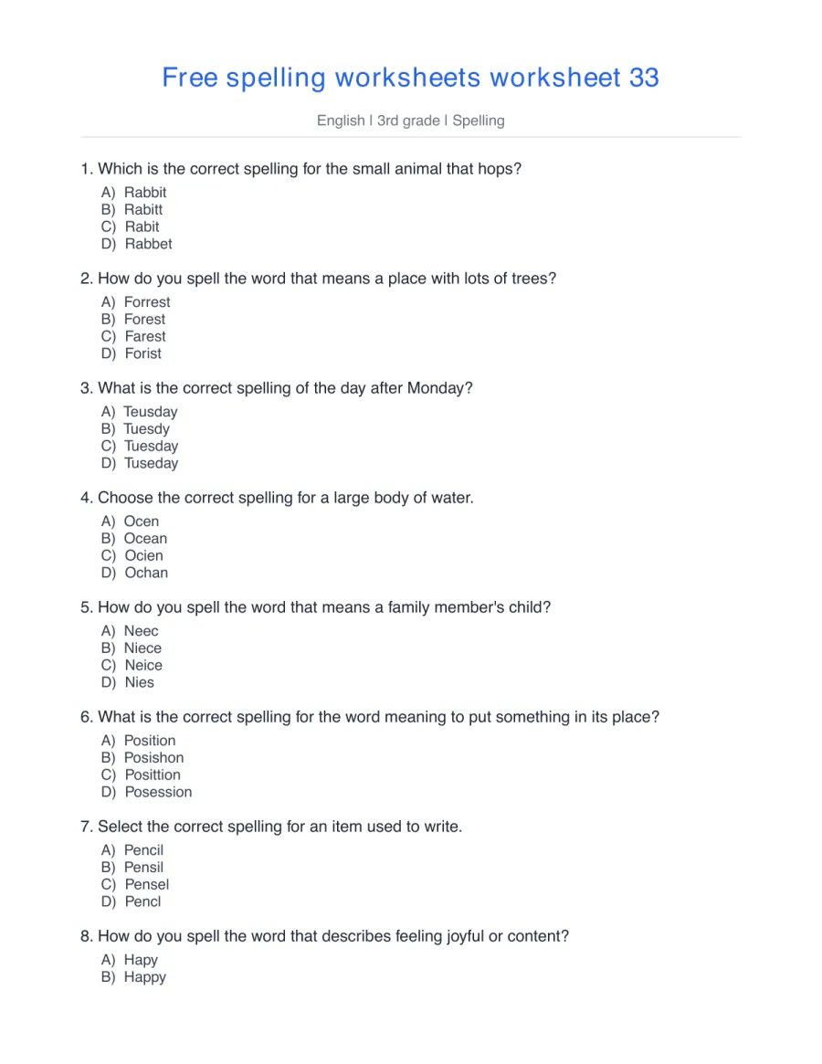 Spelling quiz: rabbit, forest, Tuesday, ocean, niece – free printable PDF worksheet, page 1 preview (Free spelling worksheets)