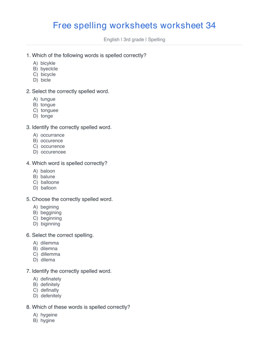 Spelling quiz: bicycle, occurrence, dilemma, definitely – free printable PDF worksheet, page 1 preview (Free spelling worksheets)
