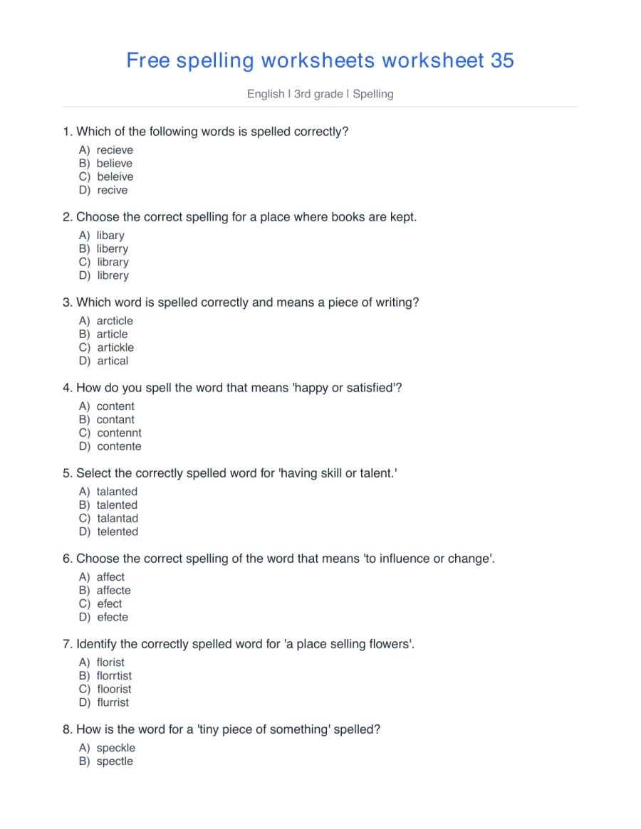 Spelling quiz: believe, library, article, talented, affect – free printable PDF worksheet, page 1 preview (Free spelling worksheets)