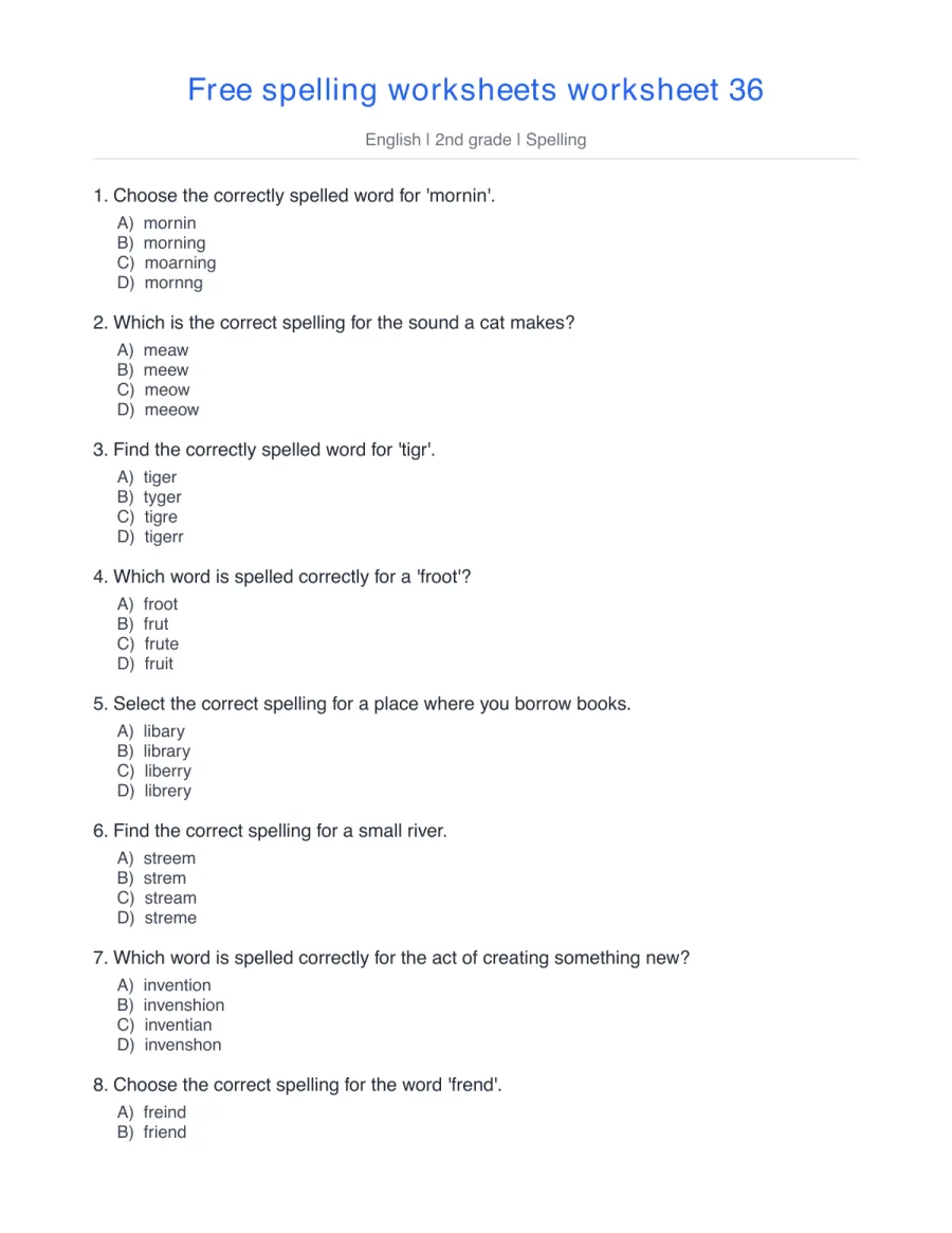 Spelling quiz: fix 'mornin', 'tigr', 'froot' and 'frend' – free printable PDF worksheet, page 1 preview (Free spelling worksheets)
