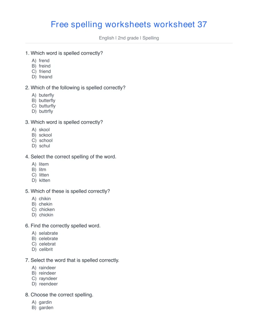 Spelling quiz: friend, butterfly, school, kitten, reindeer – free printable PDF worksheet, page 1 preview (Free spelling worksheets)