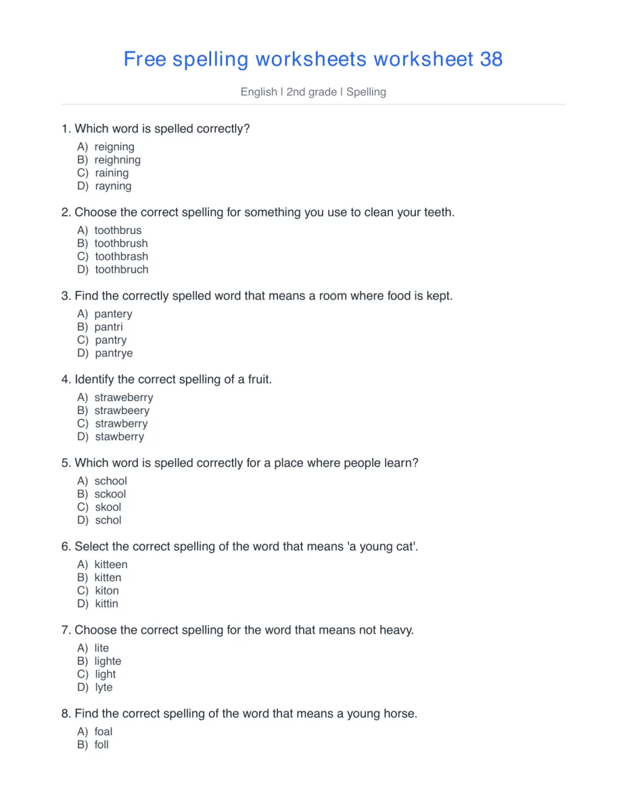 Spelling quiz: reigning, toothbrush, pantry, school, kitten – free printable PDF worksheet, page 1 preview (Free spelling worksheets)