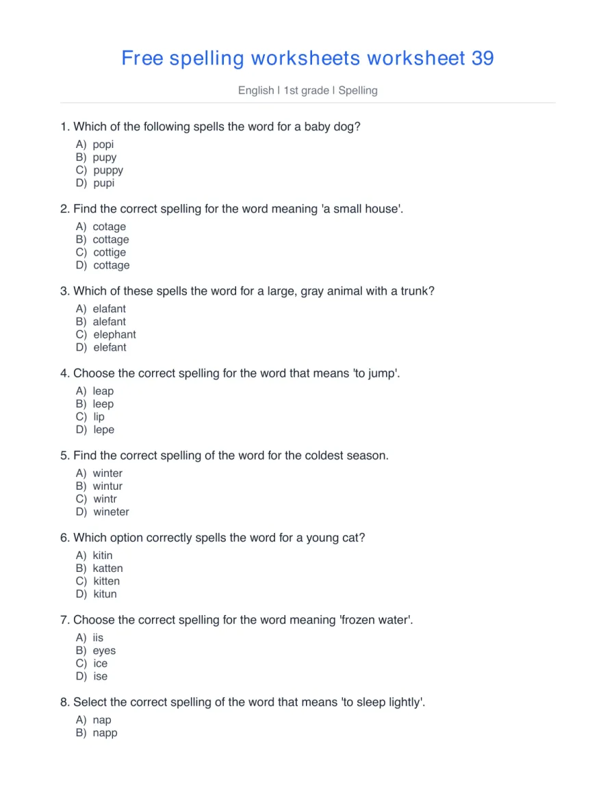 1st grade spelling quiz: puppy, cottage, elephant, winter – free printable PDF worksheet, page 1 preview (Free spelling worksheets)