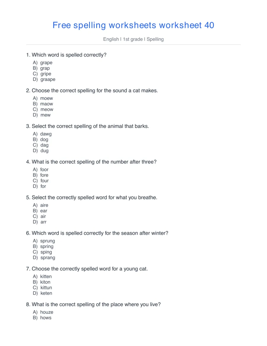 1st grade spelling quiz: grape, meow, dog, four, spring – free printable PDF worksheet, page 1 preview (Free spelling worksheets)