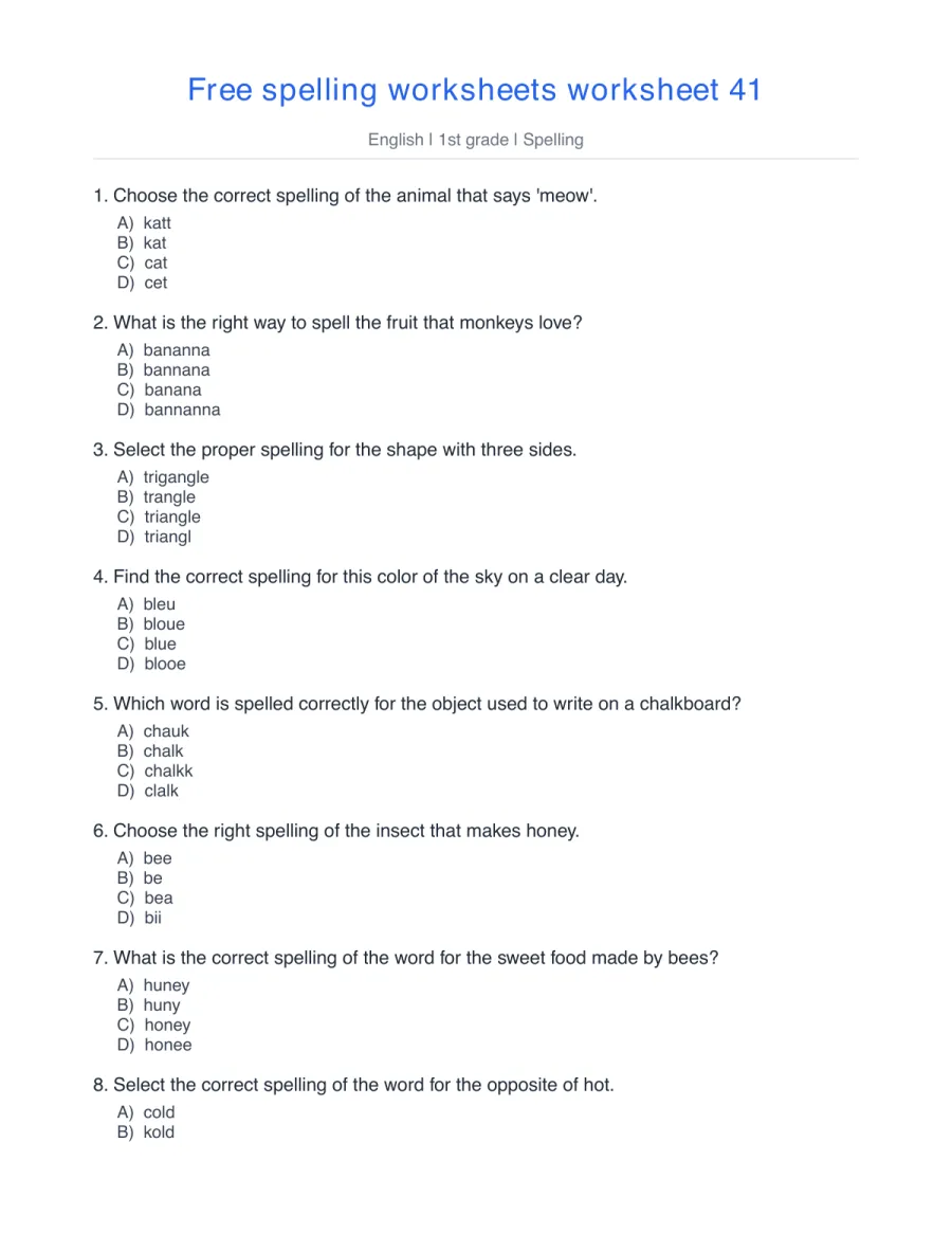 1st grade spelling quiz: cat, banana, triangle, blue, honey – free printable PDF worksheet, page 1 preview (Free spelling worksheets)