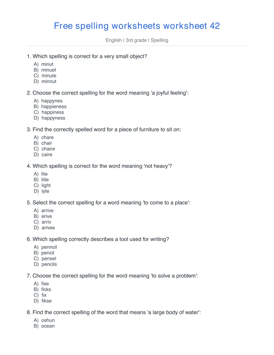 Spelling quiz: minute, happiness, chair, light, arrive – free printable PDF worksheet, page 1 preview (Free spelling worksheets)