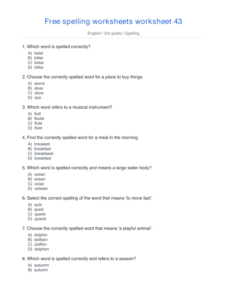 Spelling quiz: bitter, store, flute, breakfast, ocean – free printable PDF worksheet, page 1 preview (Free spelling worksheets)