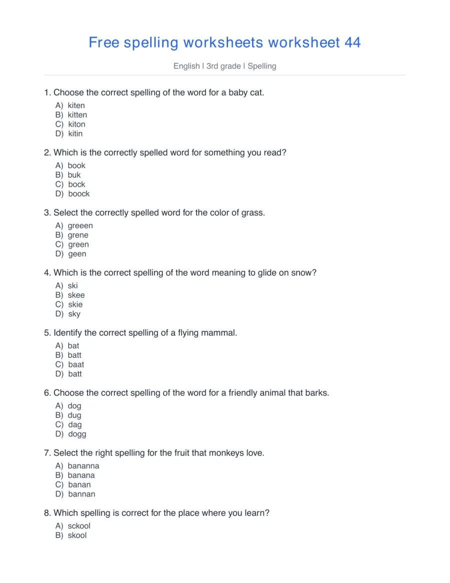 Spelling quiz: kitten, book, green, ski, bat, tiger – free printable PDF worksheet, page 1 preview (Free spelling worksheets)