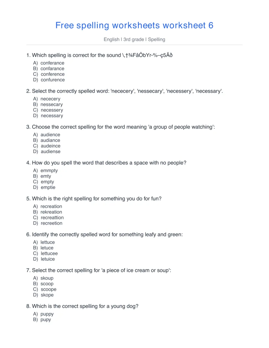 Spelling quiz: conference, necessary, audience – free printable PDF worksheet, page 1 preview (Free spelling worksheets)
